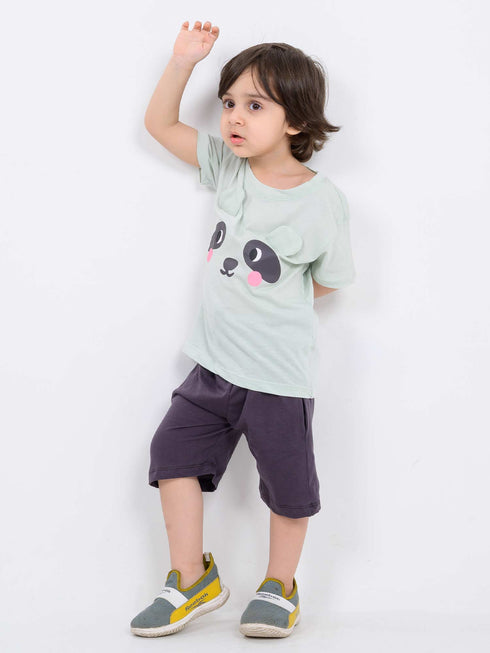 Panda Peek-a-Boo Cotton Short Set (Mint Green & Charcoal)