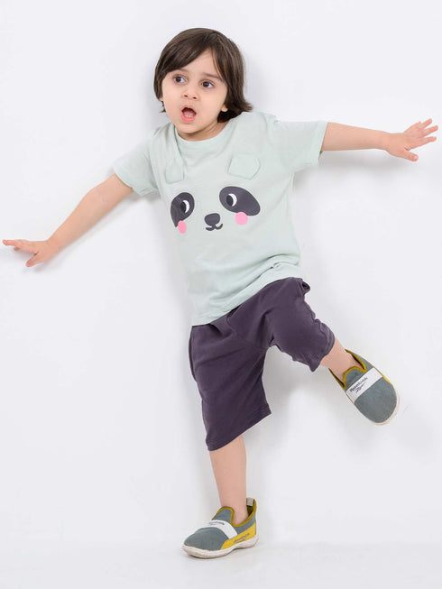 Panda Peek-a-Boo Cotton Short Set (Mint Green & Charcoal)
