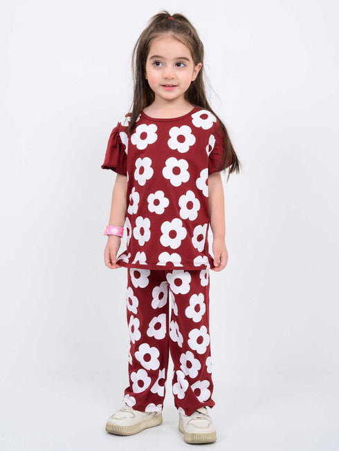 Frill Sleeves Floral Charm Cotton Trouser Set (Maroon & White)