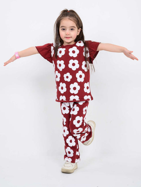 Frill Sleeves Floral Charm Cotton Trouser Set (Maroon & White)