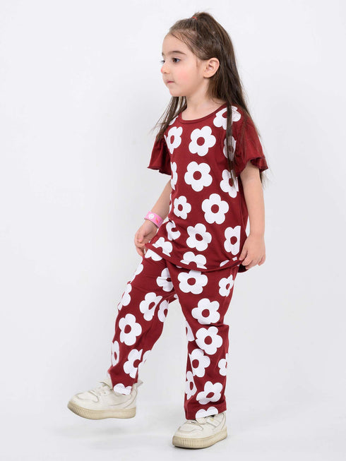 Frill Sleeves Floral Charm Cotton Trouser Set (Maroon & White)