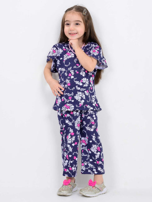 Frill Sleeves Blush Bloom Tee Cotton Trouser Set (Deep Navy)