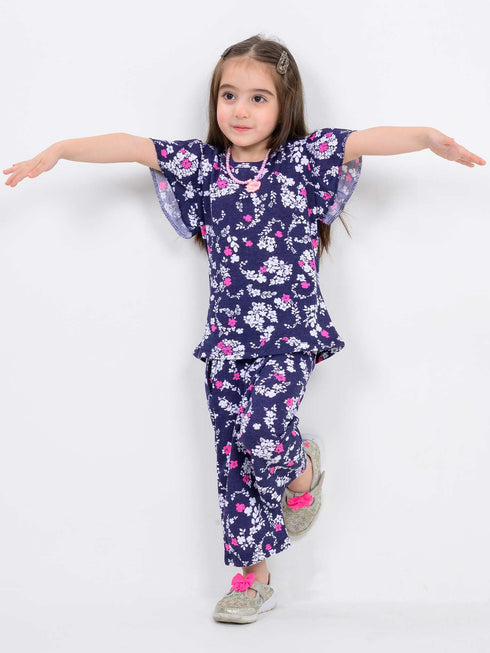Frill Sleeves Blush Bloom Tee Cotton Trouser Set (Deep Navy)