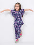 Frill Sleeves Blush Bloom Tee Cotton Trouser Set (Deep Navy)