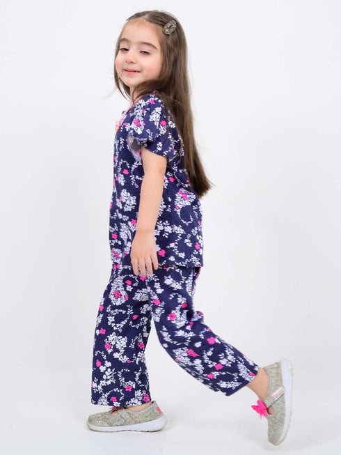 Frill Sleeves Blush Bloom Tee Cotton Trouser Set (Deep Navy)