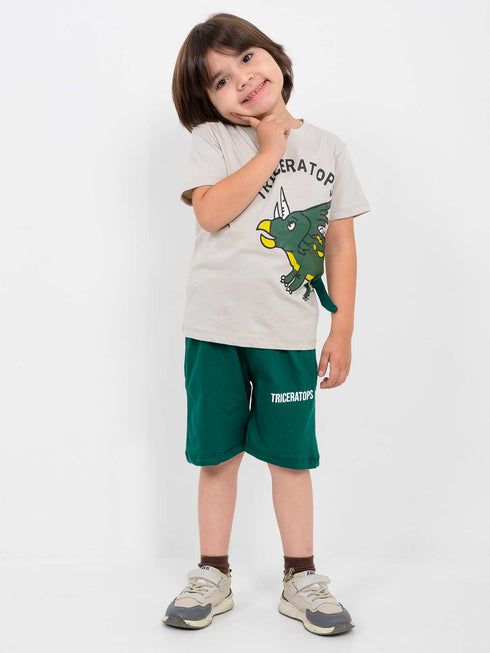 Triceratops Cotton Short Set (Light Beige-Dark Green)