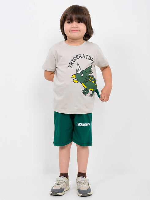 Triceratops Cotton Short Set (Light Beige-Dark Green)
