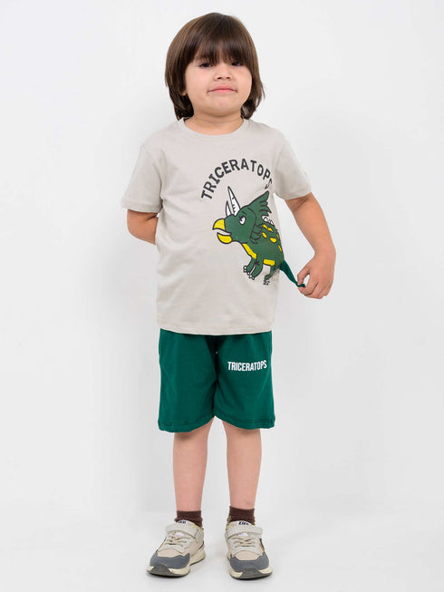 Triceratops Cotton Short Set (Light Beige-Dark Green)