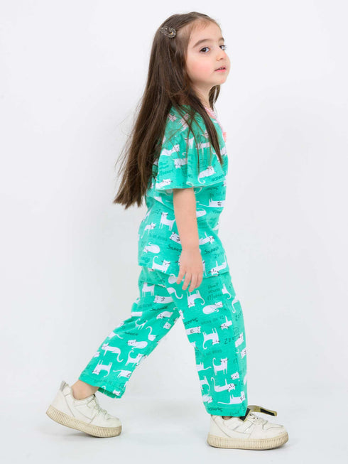 Frill Sleeves Cozy Kitty Cotton Trouser Set (Mint Green)