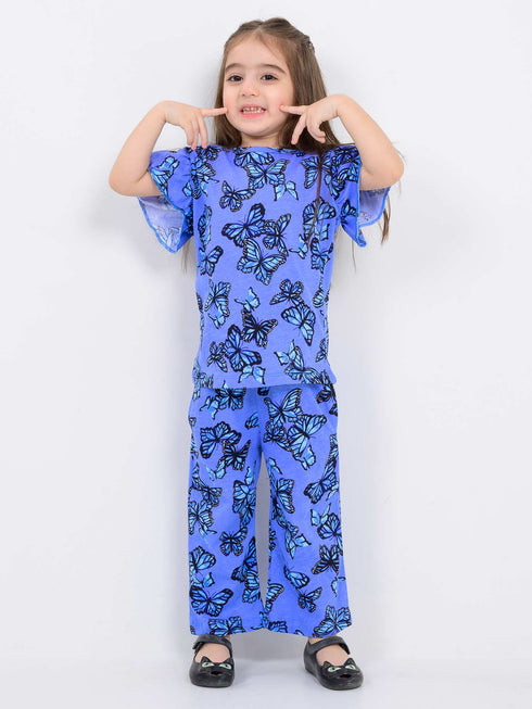 Frill Sleeves Butterfly Breeze Cotton Trouser Set (Blue)