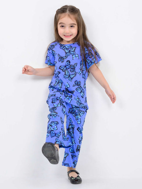 Frill Sleeves Butterfly Breeze Cotton Trouser Set (Blue)