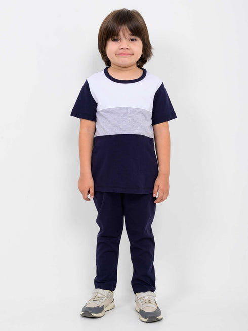 Classic Colorblock Cotton Trouser Set (Navy Blue & White)