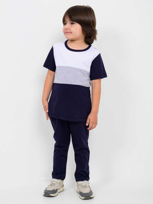 Classic Colorblock Cotton Trouser Set (Navy Blue & White)