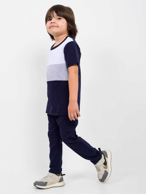Classic Colorblock Cotton Trouser Set (Navy Blue & White)