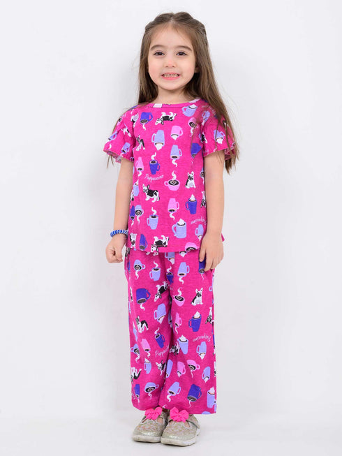 Frill Sleeves Tea Party Tee Cotton Trouser Set (Pink)