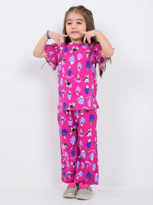Frill Sleeves Tea Party Tee Cotton Trouser Set (Pink)