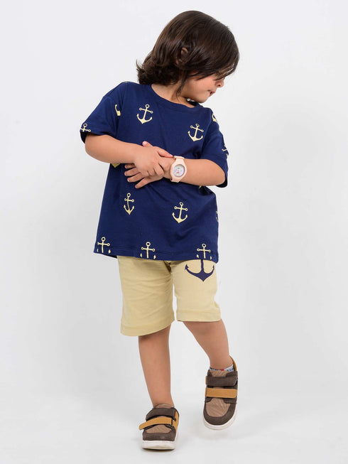 Little Sailor Oversized Cotton Short Set (Navy-Beige)
