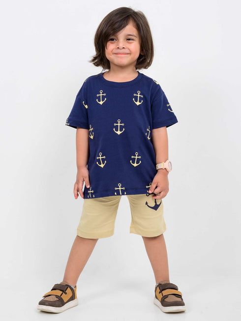 Little Sailor Oversized Cotton Short Set (Navy-Beige)