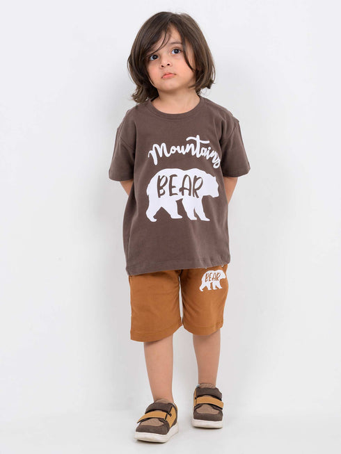 Oversized Mountain Bear Cotton Short Set (Brown)