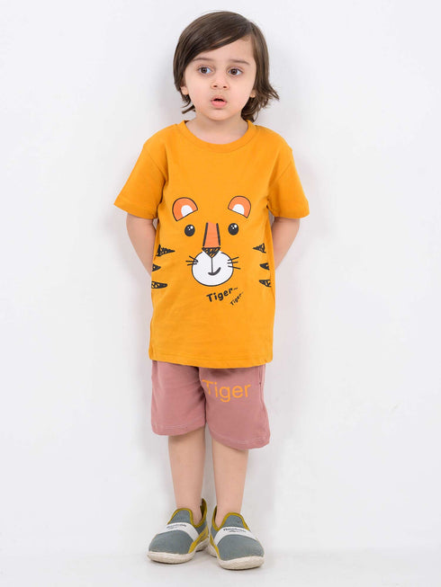 Tiny Tiger Cotton Short Set (Yellow & Dusty Rose)