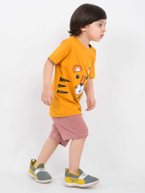 Tiny Tiger Cotton Short Set (Yellow & Dusty Rose)