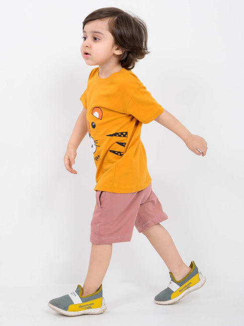 Tiny Tiger Cotton Short Set (Yellow & Dusty Rose)