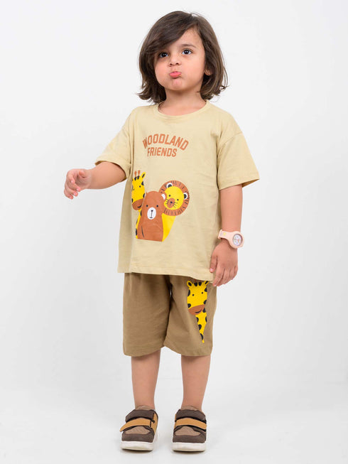 Oversized Cute Friends Cotton Short Set (Camel-Beige)