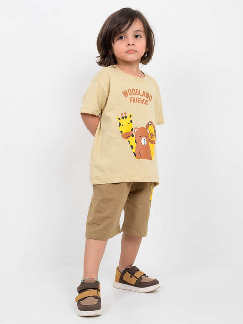 Oversized Cute Friends Cotton Short Set (Camel-Beige)