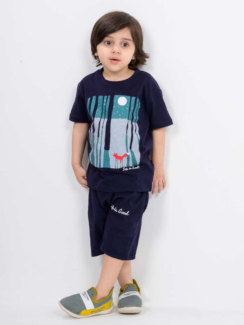 Midnight Forest Cotton Short Set (Navy Blue)