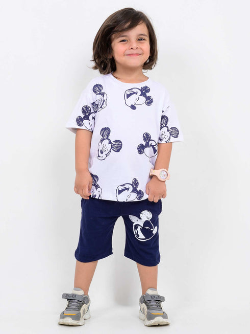 Oversized Mickey Themed Cotton Short Set (Navy-White)