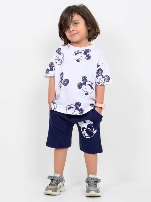 Oversized Mickey Themed Cotton Short Set (Navy-White)