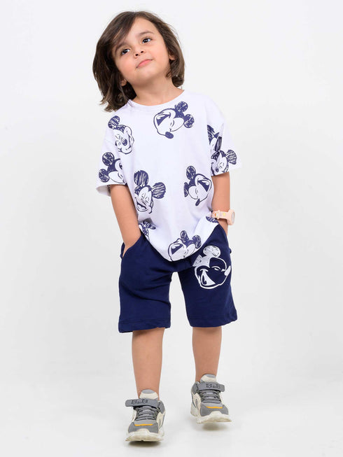 Oversized Mickey Themed Cotton Short Set (Navy-White)