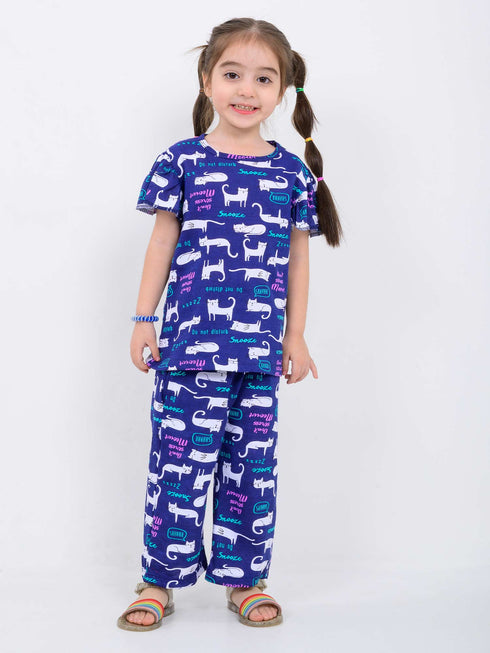 Frill Sleeves Catnap Couture Cotton Trouser Set (Catberry Blue)