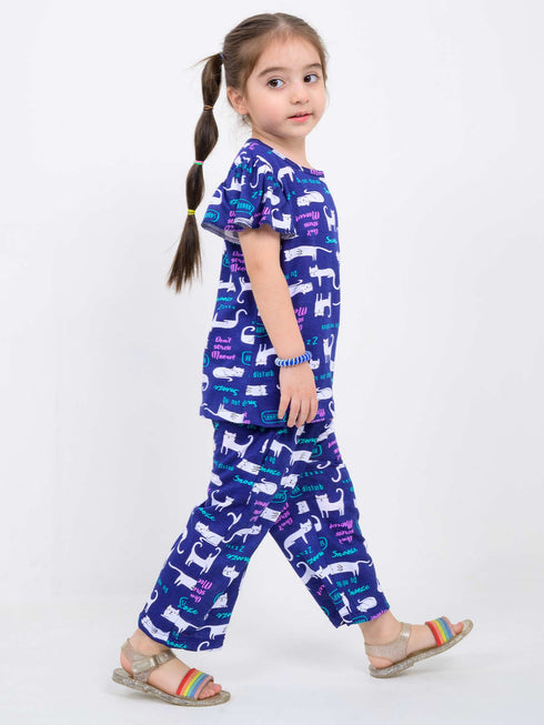 Frill Sleeves Catnap Couture Cotton Trouser Set (Catberry Blue)