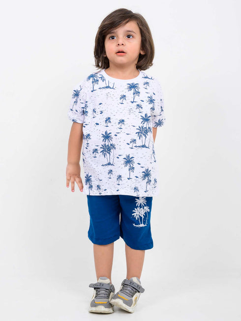 Oversized Palm Trees Cotton Short Set (Blue-White)