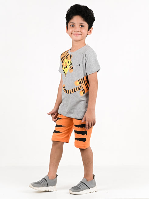 Tiger Printed Cotton Short Set (Grey/Orange)