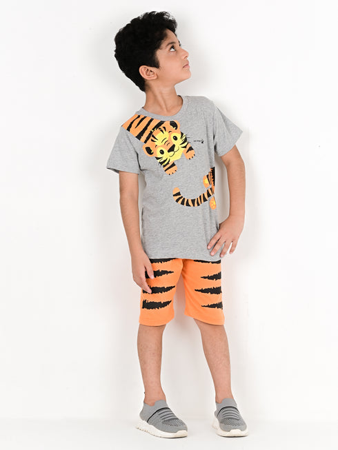 Tiger Printed Cotton Short Set (Grey/Orange)
