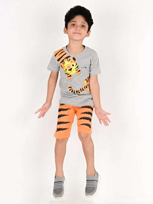 Tiger Printed Cotton Short Set (Grey/Orange)