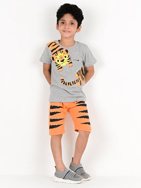 Tiger Printed Cotton Short Set (Grey/Orange)