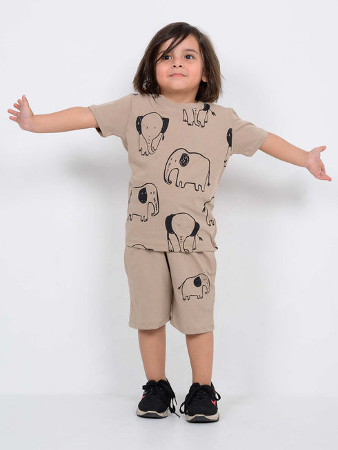 Safari Elephant Cotton Short Set (Sand Beige)