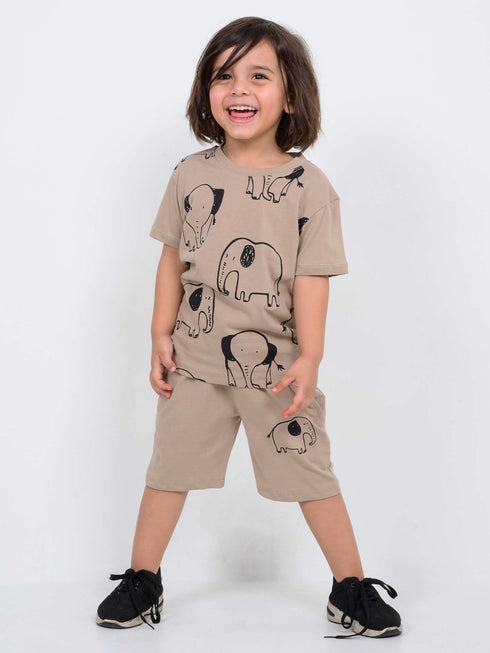Safari Elephant Cotton Short Set (Sand Beige)