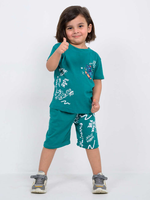 Crocodile Teal Cotton Short Set (Teal Blue)