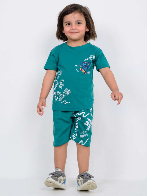 Crocodile Teal Cotton Short Set (Teal Blue)