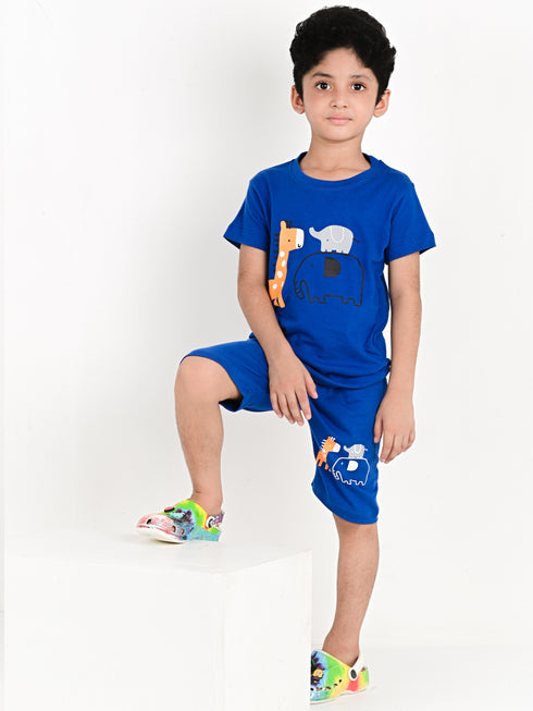 Giraffe & Elephants Short Set (Blue)