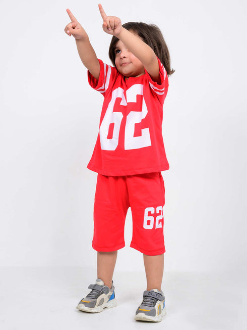 Oversized Varsity 62 Cotton Short Set (Bright Red)