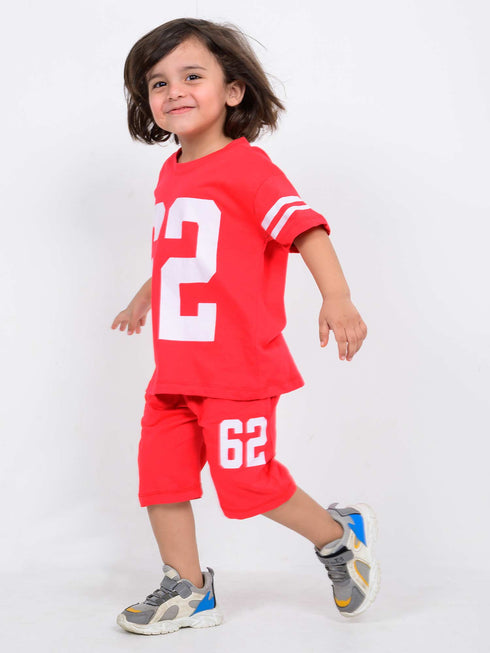 Oversized Varsity 62 Cotton Short Set (Bright Red)