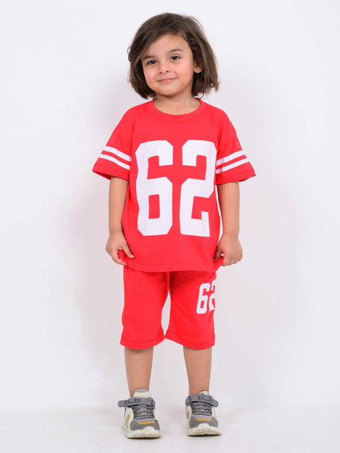 Oversized Varsity 62 Cotton Short Set (Bright Red)