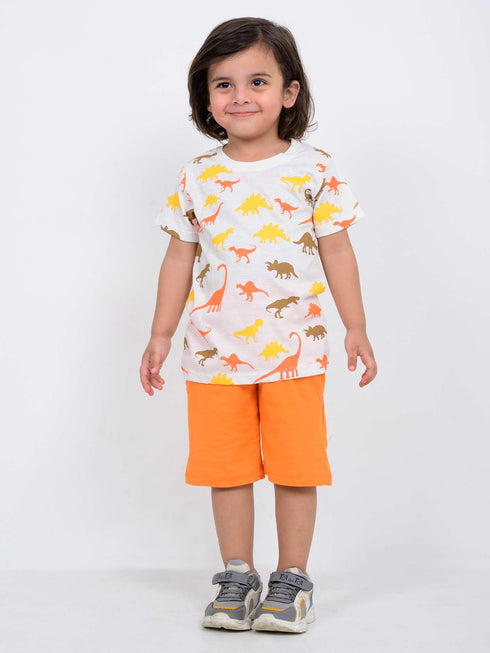 Dinos Allover Cotton Short Set (White & Orange)