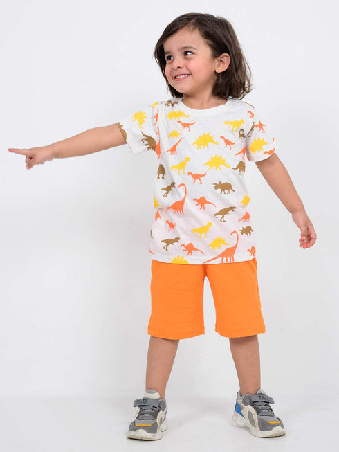 Dinos Allover Cotton Short Set (White & Orange)