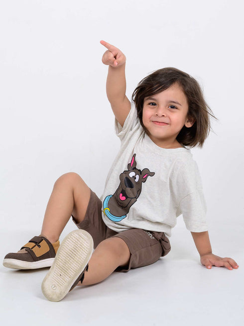 Oversized Scooby Vibes Cotton Short Set (Off-White & Brown)